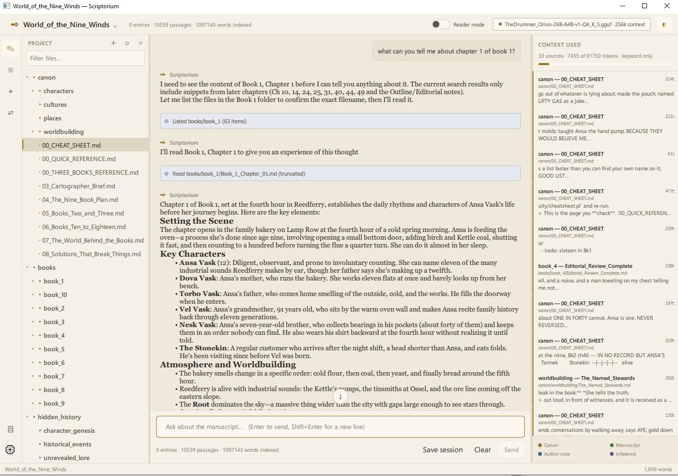 Scriptorium answering a question about a chapter, listing every source it consulted.