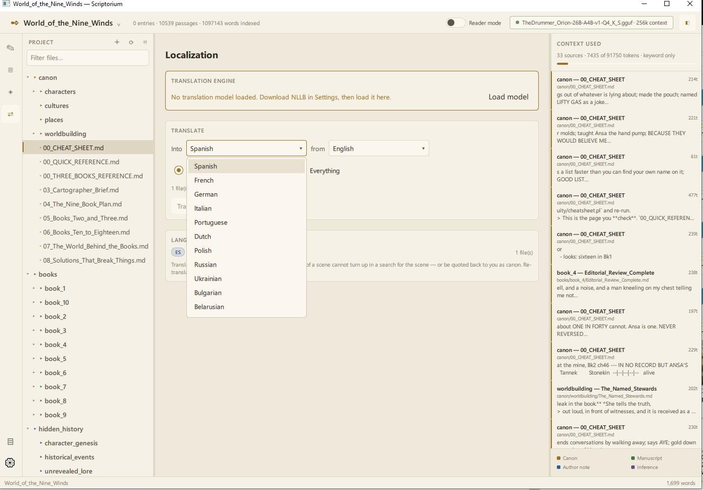 Scriptorium's localization tab, with a dropdown open showing Spanish, French, German, Italian, Portuguese, Dutch, Polish, Russian, Ukrainian, Bulgarian and Belarusian.