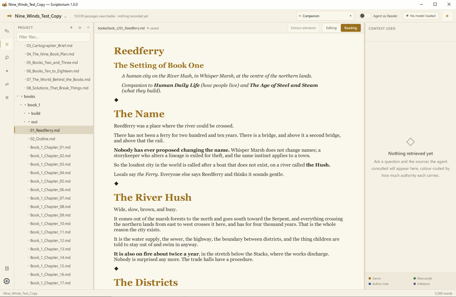 A worldbuilding document open in Scriptorium's reading mode, showing a city description typeset with headings, italics and bold, beside a file tree of canon folders and numbered chapter files.