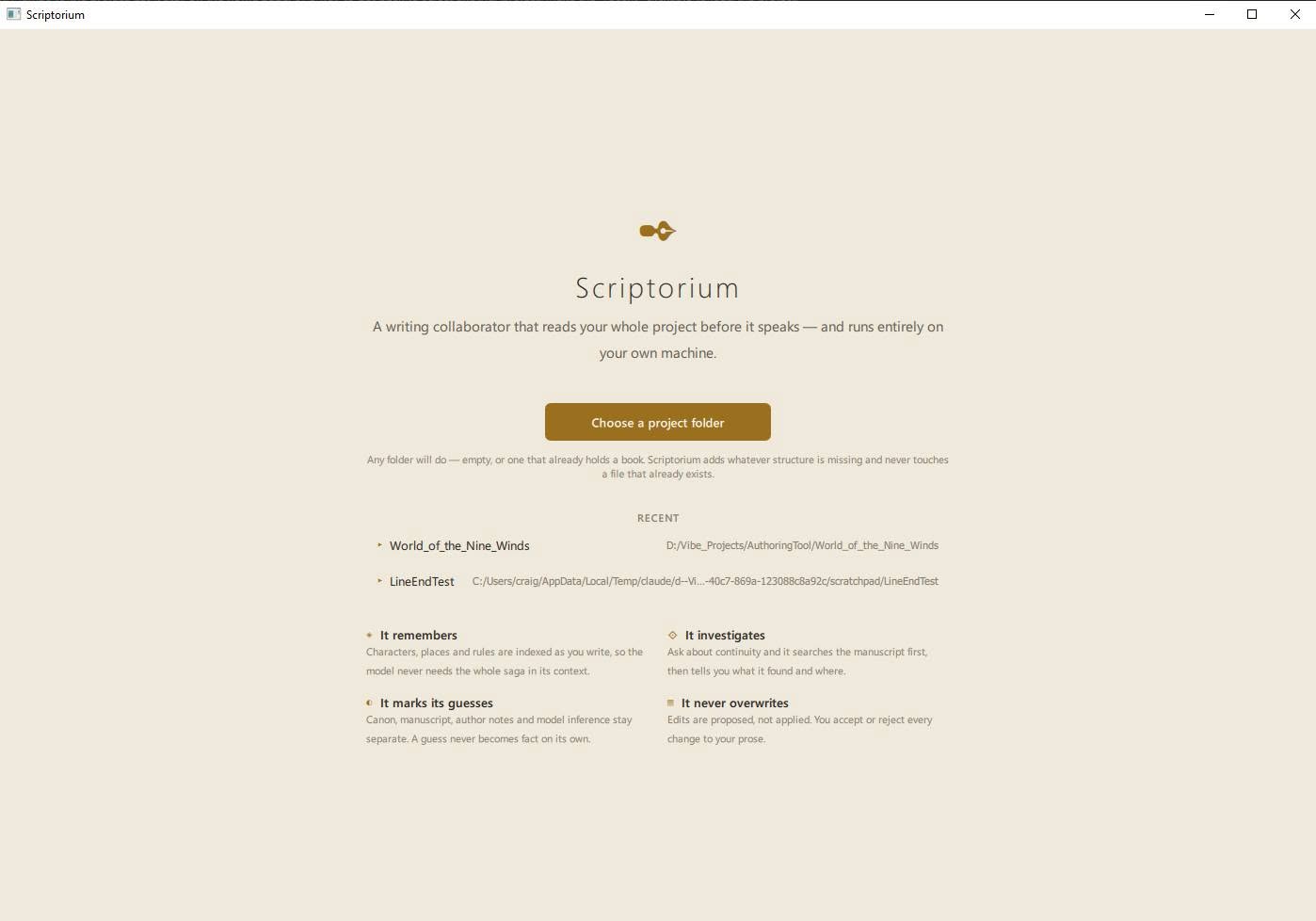 Scriptorium's opening screen, offering to choose a project folder, with a list of recent projects below it.